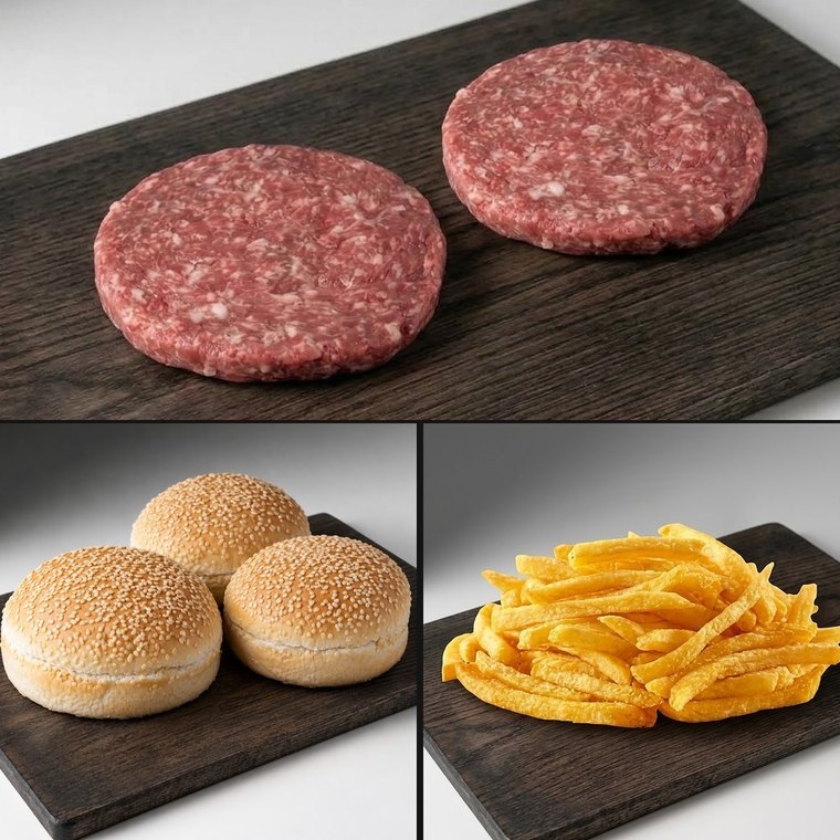 Combo hamburguesero: hamburguesas, panes y papas